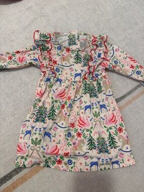 Magnetic Me Cream Holiday Print Ruffle Dress with Blue, Red, Green Accents
